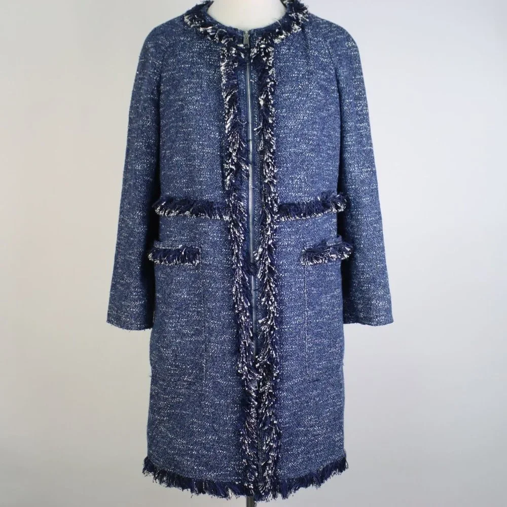 NWT Theory Womens Medium Zarafilla Tweed Coat with Fringe Hem - Picture 2 of 8